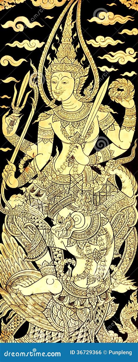 Vishnu On Garuda Traditional Thai Style Painting Stock Photo