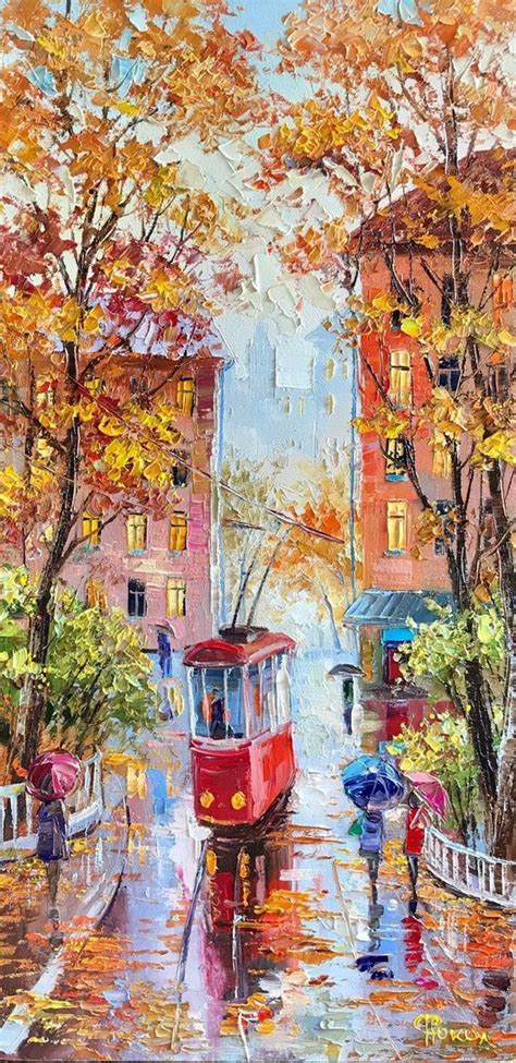 a painting of a red tram on a rainy day