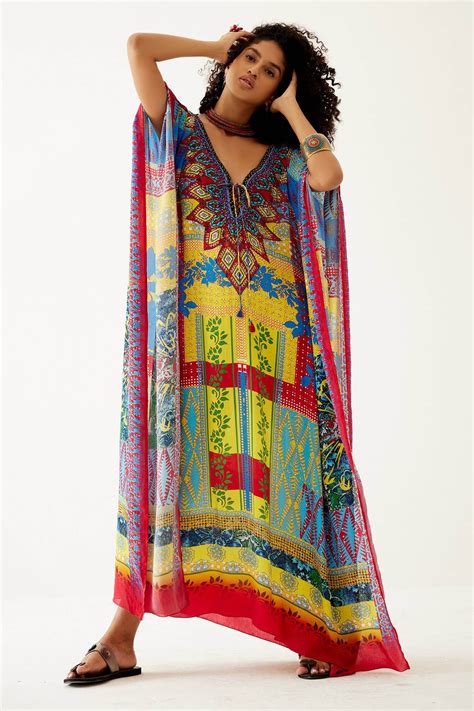 Buy Multi Color Crepe Floral V Neck And Geometric Pattern Kaftan For Women By Payal Jain Online