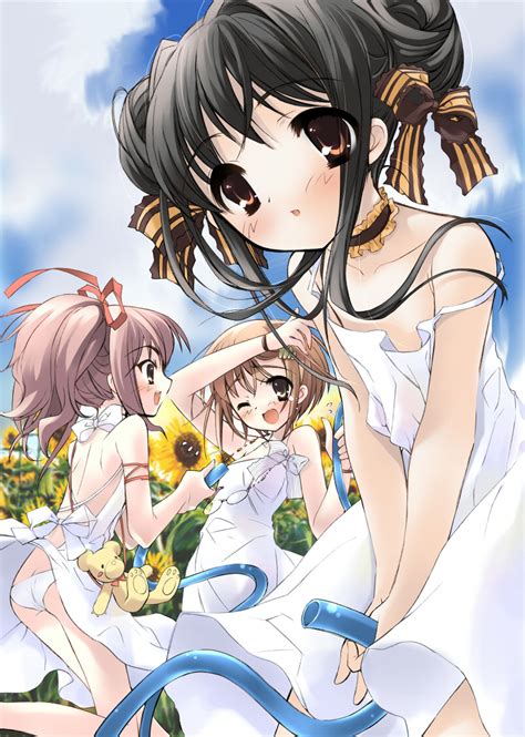 Safebooru Blush Brown Eyes Brown Hair Butt Crack Dress Flower Hair Ribbon Hose Ito Noizi Itou