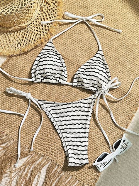 Striped Pattern Knot Side Bikini Swimsuit Set Shein Usa