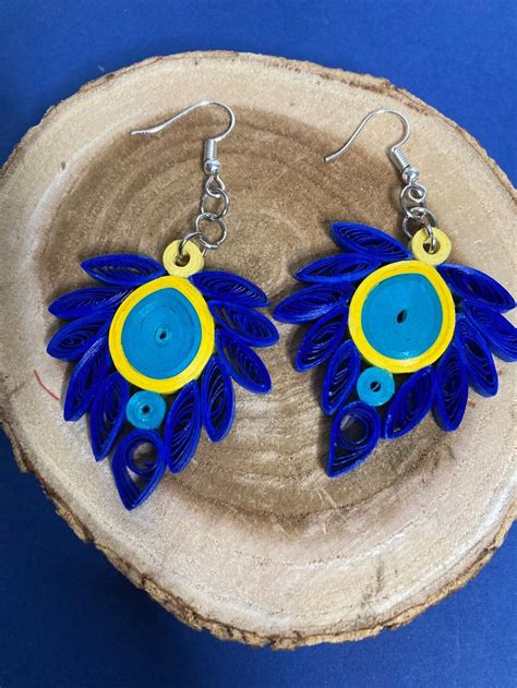 Handmade Peacock Feather Earrings Quilled Paper Dangling Statement