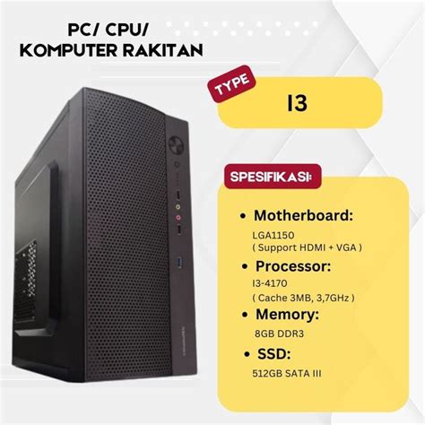 Jual CPU RAKITAN PC RAKITAN Intel Core I3 4170tray Ram Ddr3 8GB SSD