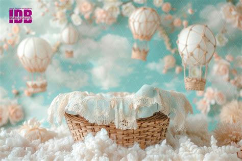 Newborn Digital Backdrop Baby In Fluffy Basket And Hot Air Balloon Composite Background Prop