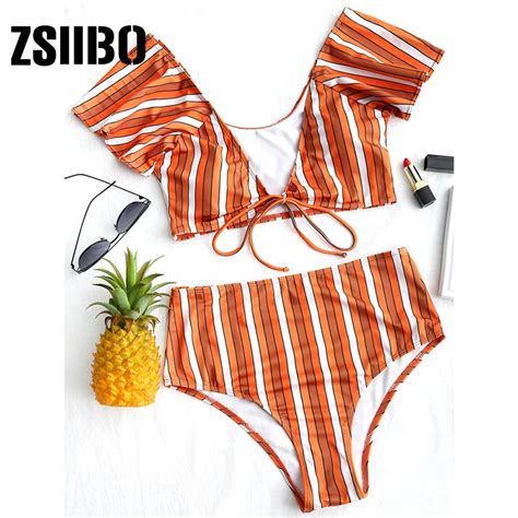 Zsiibo Plunge Neck Sexy Female High Waist Bikini Set Stripe Print Short Sleeve Swimwear Women