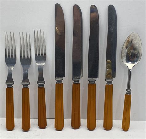 Vintage Butterscotch Bakelite Handle Stainless Steel Flatware Knives