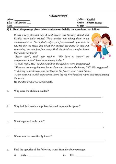 Worksheet For Class 4 English Assignment 109 Unseen Passage Indcareer Docs