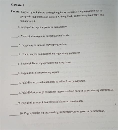 Solved Gawain 1 Panuto Lagyan Ng Tsek Ang Patlang Kung Ito Ay