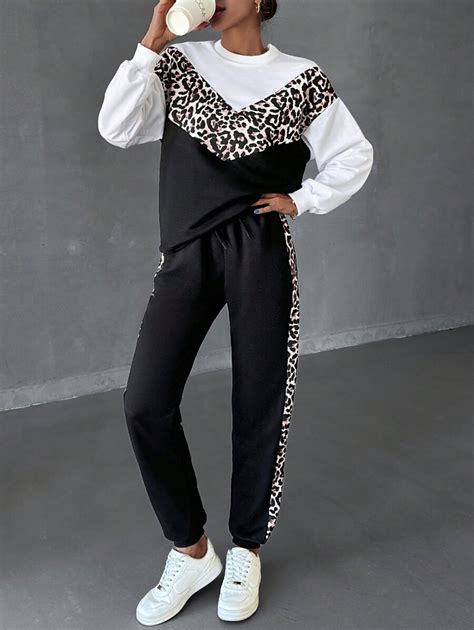 SHEIN Conjunto de moletom e calça jogger estampa de leopardo SHEIN PT