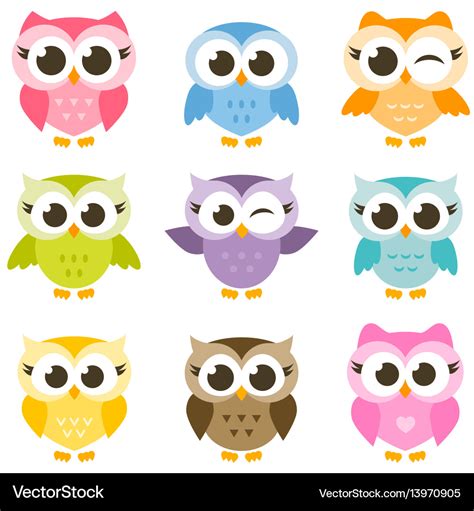 Set Cute Colorful Owls Isolated On White Vector Image