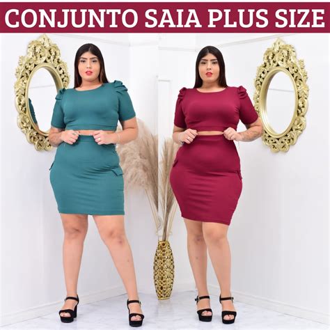 Conjunto Feminino Plus Size Malha Canelada Cropped Princesa E Saia