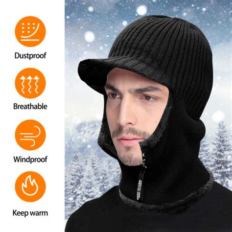 Men Winter Warm Skull Hat Knit Visor Beanie Fleece Lined Beanie With