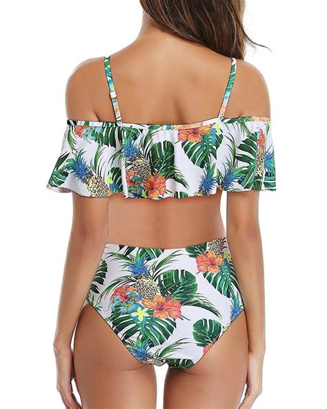 Two Piece Off Shoulder Swimsuit High Waist Flounce Bikini For Women