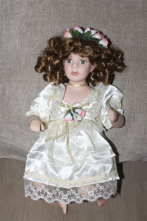 Vintage Porcelain Curly Brown Hair Doll Cotton Body Pearls W