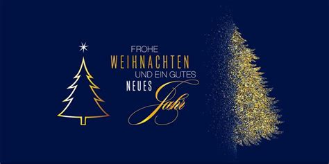 Blaue Weihnachtskarte DIN lang mit Weihnachtsgruß und goldenen Bäumen