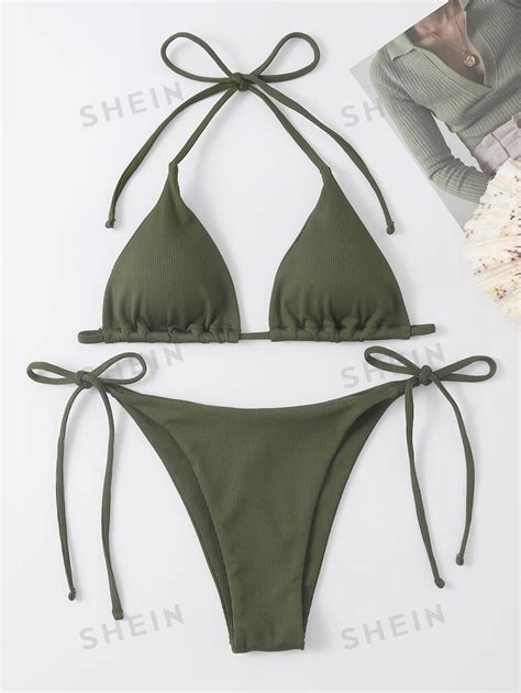 SHEIN Swim Set bikini unicolor Sujetador triángulo halter bottom con