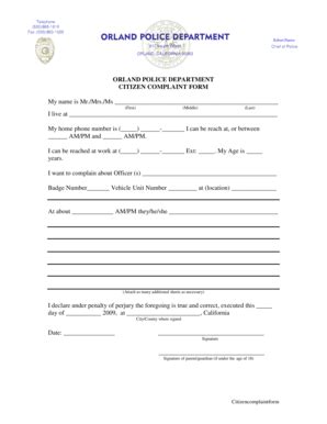 Fillable Online ORLAND POLICE DEPARTMENT CITIZEN COMPLAINT FORM My