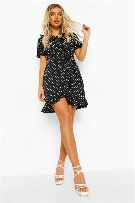 Dresses Woven Polka Dot Wrap Front Ruffle Tea Dress Boohoo