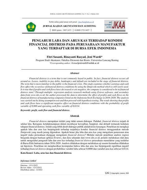 PDF PENGARUH LABA DAN ARUS KAS TERHADAP KONDISI FINANCIAL DISTRESS