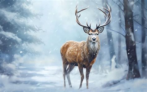 Premium Photo A Deer With Large Antlers Standing In The Snow