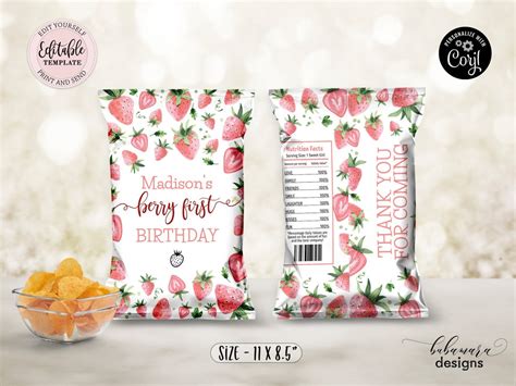 Editable Strawberry Chip Bag Berry First Birthday Chip Bag Berry