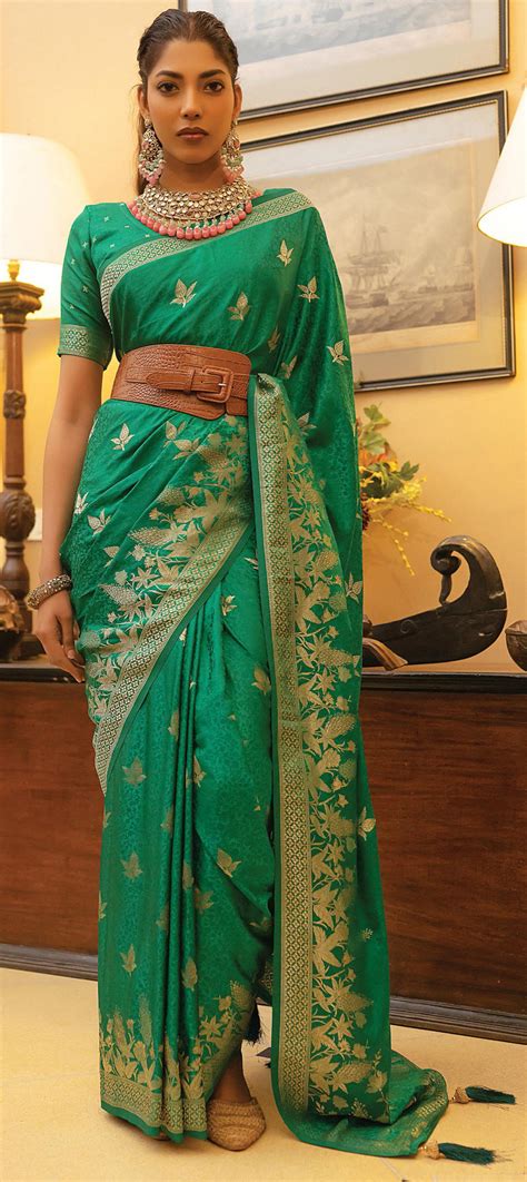 Engagement Reception Wedding Green Color Satin Silk Fabric Saree