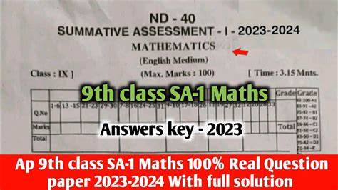 Ap 9th Class Sa1 Maths 💯real Question Paper 2023 249th Sa1 Maths