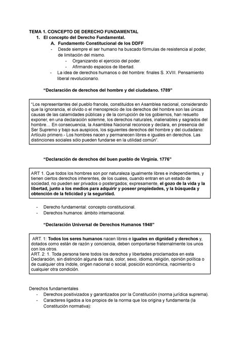 Tema 1 Derechos Fundamentales Y Derechos Humanos Tema 1 Concepto De Derecho Fundamental El