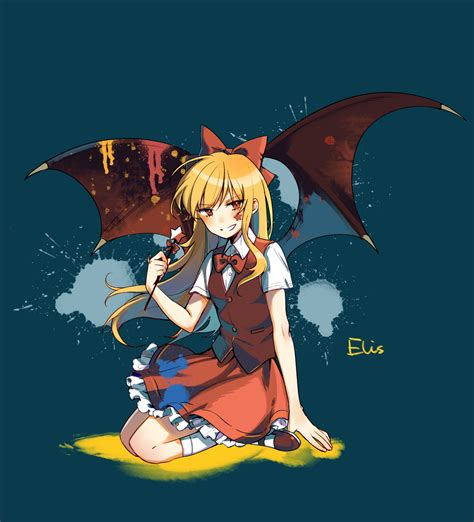 Safebooru 1girl Bangs Bat Wings Blonde Hair Blue Background Bow