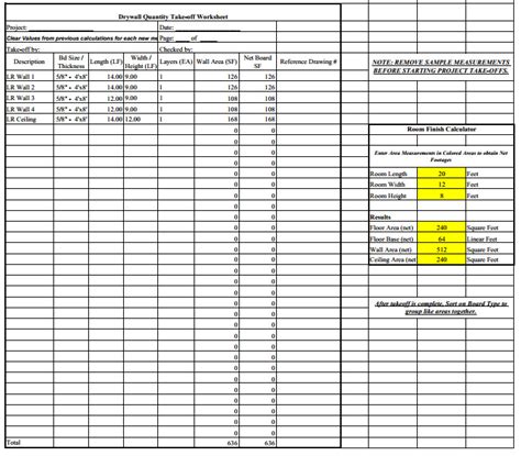 Construction Estimating Sheets Drywall Quantity Takeoff Worksheet