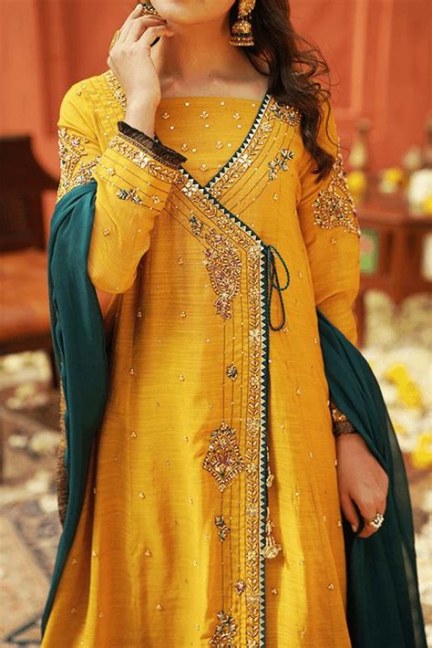 Traditional Yellow Mehndi Dress In Bridal Angrakha Frock Style