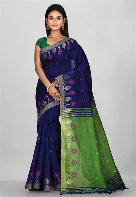 Buy Jamdani Cotton Silk Saree In Navy Blue Online Srga Utsav