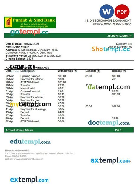 India Punjab And Sind Bank Statement Template In Word And PDF Format By