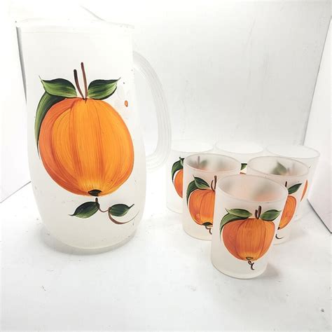 Hazel Atlas Dining Vintage Hazel Atlas Frosted Carafe Juice 6 Glass Set Gay Fad Mcm