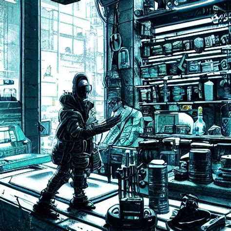 Cyberpunk Merchant In Their Shop Industrial Scifi Stable Diffusion