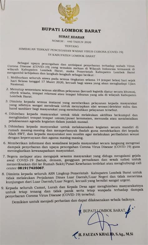 Surat Edaran Bupati Terkait Wabah Pencegahan Virus Corona Covd 19 Di