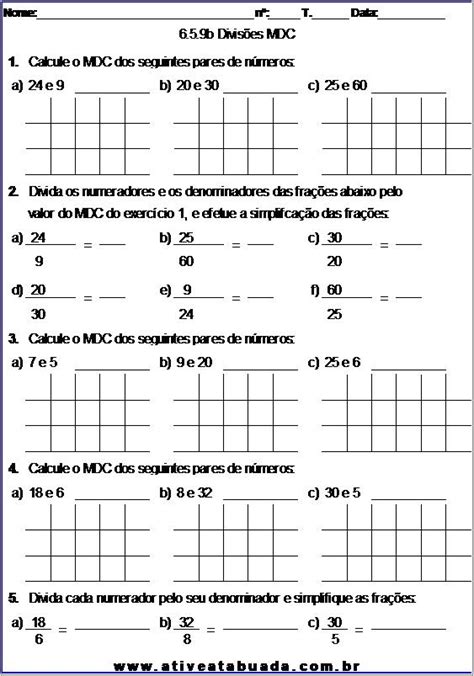 Atividades M.m.c 6 Ano - 6-05 Múltiplos e Divisores. Operações com MMC e MDC.