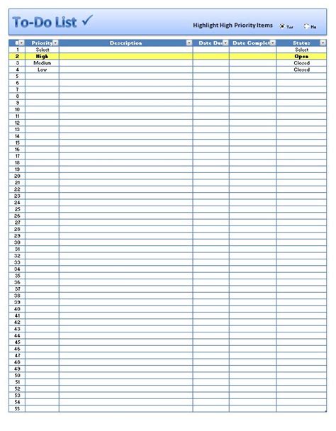 Free Excel To Do List Template Download