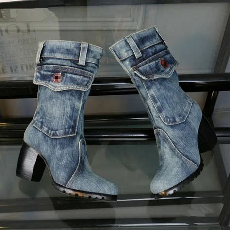 Stylish Blue Denim Boots Women Shoes Cowboy Pocket Design Knee High