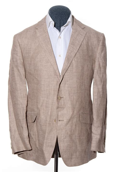 44L Long Joseph Abboud Beige Ecru Linen Herringbone Sport Coat Blazer