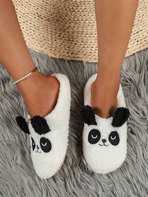 Preppy Slippers For Women Cartoon Panda Embroidered Fuzzy Novelty Slippers Shein Usa