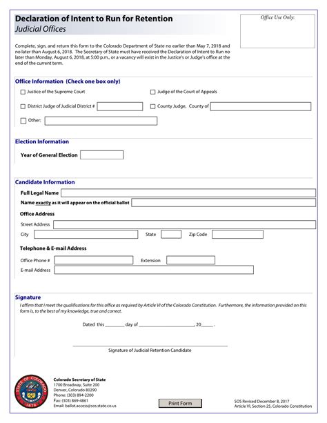 Colorado Declaration Of Intent To Run For Retention Judicial Offices