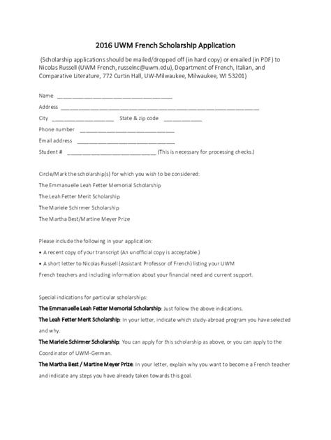 Fillable Online 2016 UWM French Scholarship Application Fax Email Print