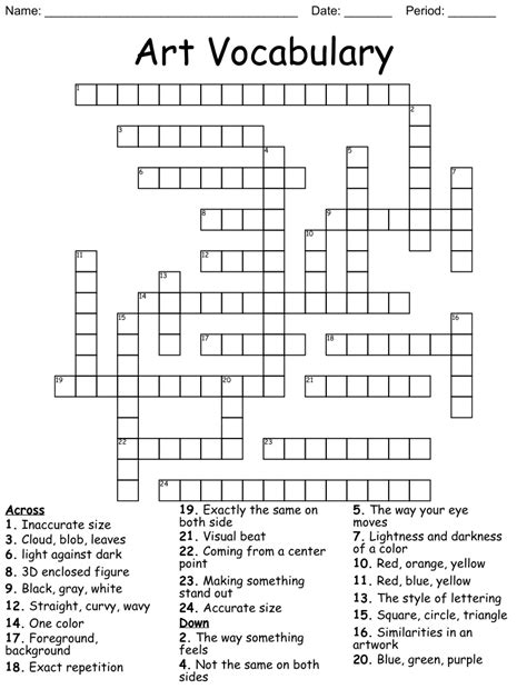 Art Vocabulary Crossword Art Sub Lessons High School Art Worksheets