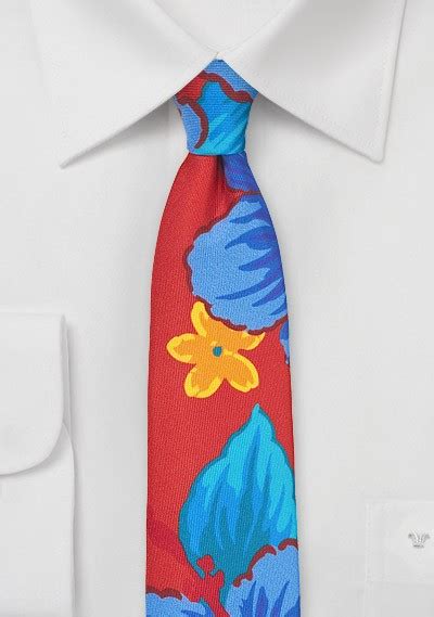 Tropical Floral Print Skinny Necktie Bows N