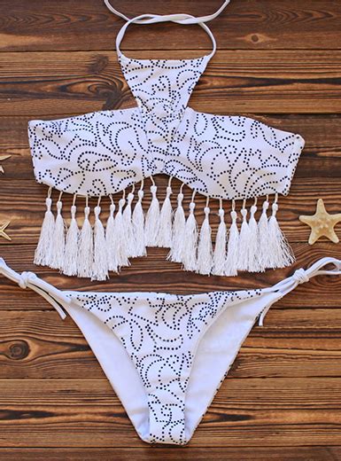 White Tasseled Halter Style Bikini Black White