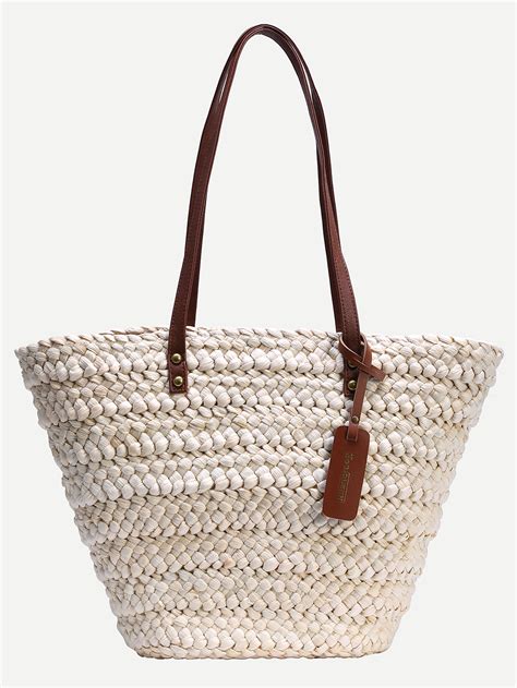 Contrast Handle Straw Tote Bag - White -SheIn(Sheinside)