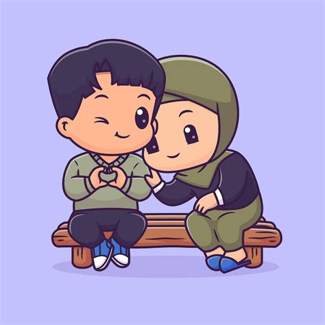 Free Vector | Cute Couple Boy And Girl Hijab Sitting Together Cartoon ...