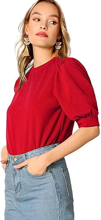 Shein Women S Puff Sleeve Casual Solid Top Pullover Keyhole Back Blouse