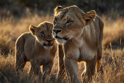 Premium Photo | Lioness and cubs practicing stealth